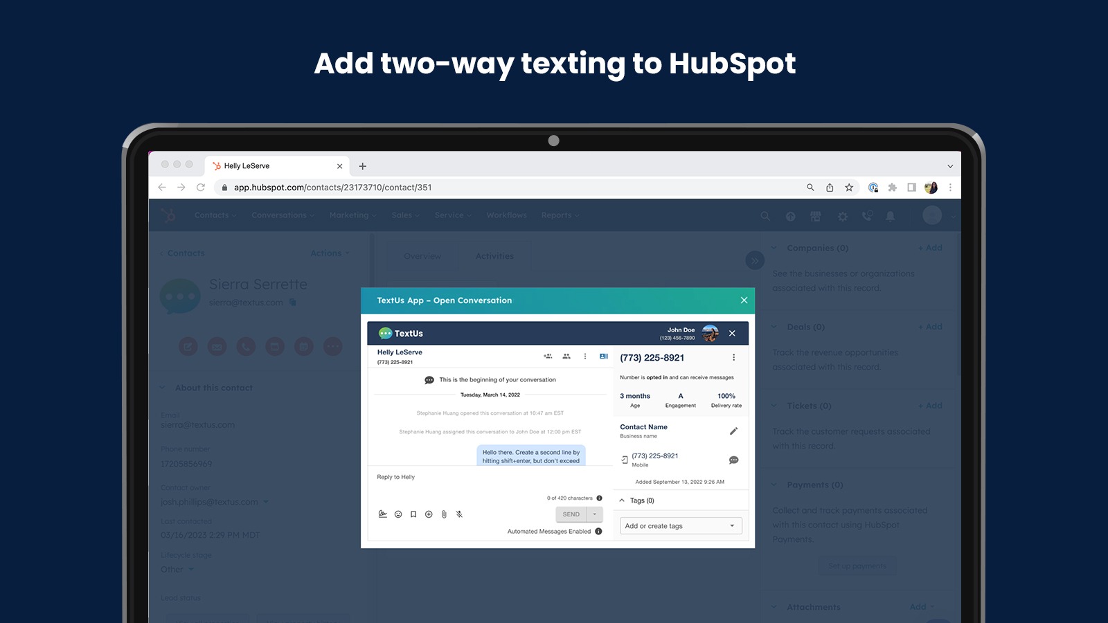 TextUs HubSpot Integration Connect Them Today